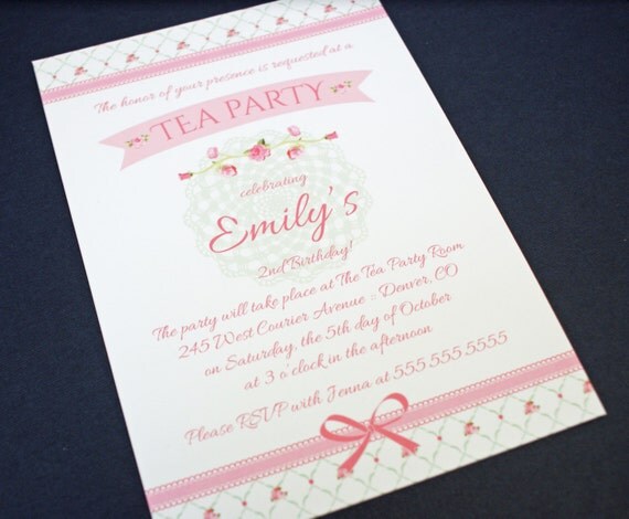 Printed chic girl's floral rose tea party birthday party invitation - digital version available Il_570xn