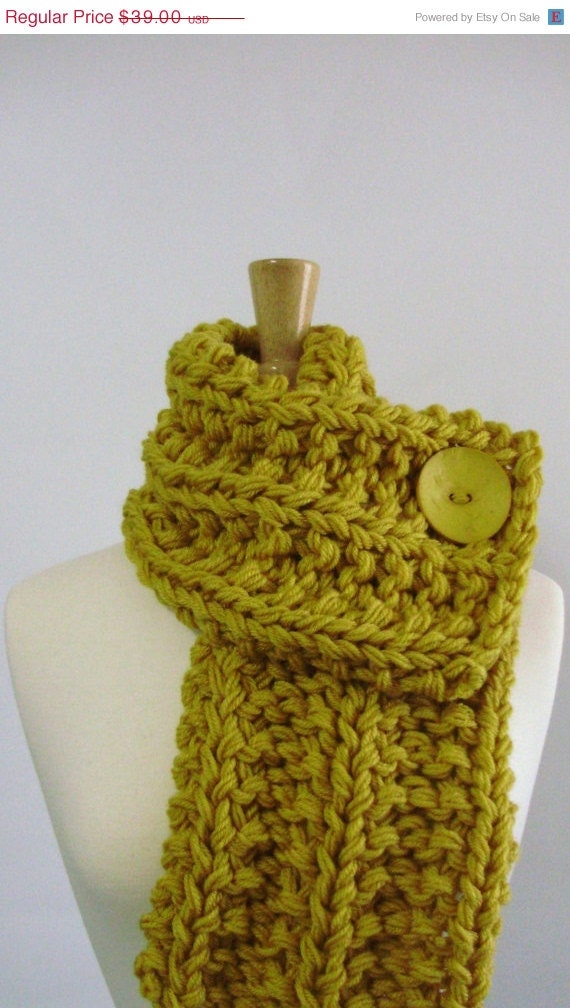 Mustard Yellow Chunky Knit Cowl Scarf with Large Yellow Button