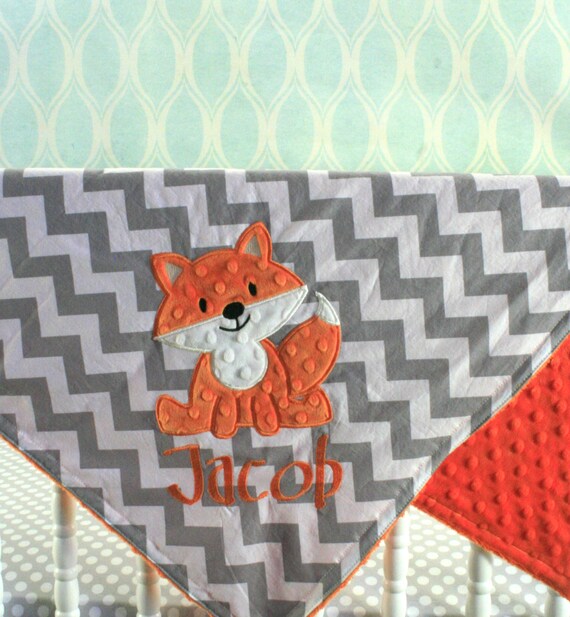 Fox baby Blanket Fox applique and Name by TheButtercupBoutique