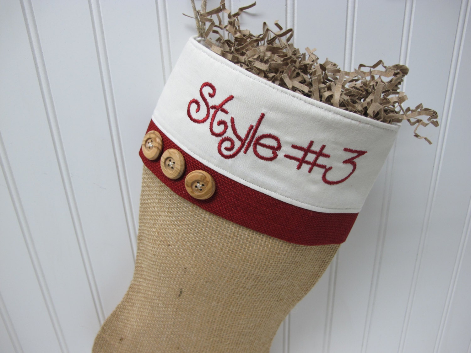 Burlap Christmas Stocking with red accents and 3 wood buttons and personalization - Style #3