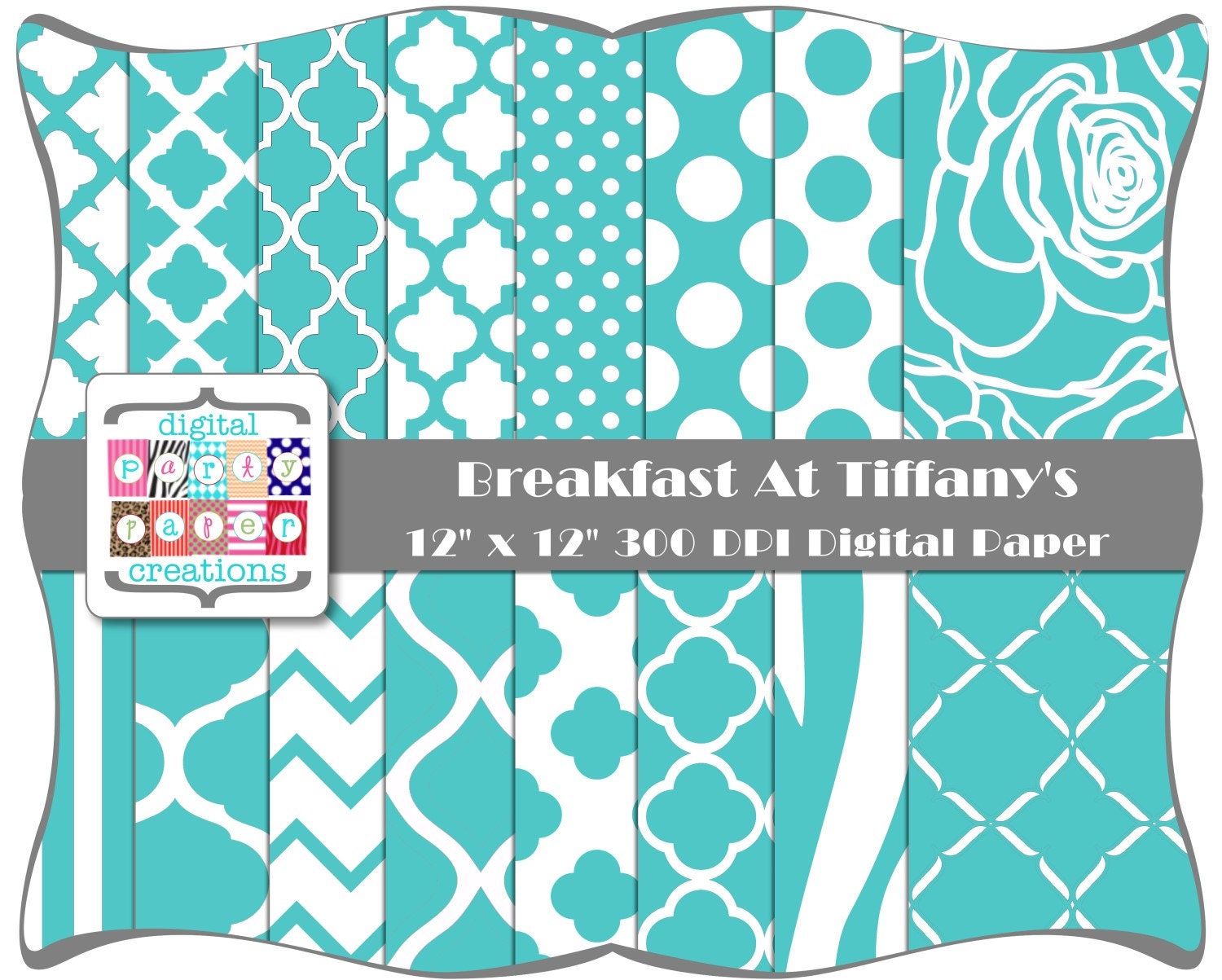 Digital Paper Pack - Tiffany Blue Quatrefoil Ogee Dots Digital Scrapbook Paper INSTANT DOWNLOAD Il_570xn
