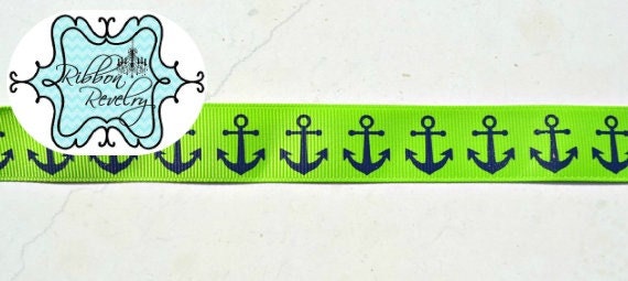patriotic nautical navy anchors on lime green 7/8" grosgrain ribbon Il_570xn