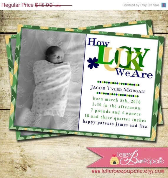 ON SALE Baby Boy Custom Photo Birth Announcment - DIY Printable Card - Lucky in Love - St Patrick's Day - New Babies - Irish - Holiday Card Il_570xn