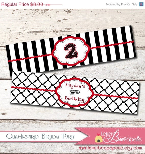 ON SALE Olivia the Pig-Inspired Water Bottle Labels - DIY Printable Party Decorations - Choose Your Colors - Girls Birthday Parties - Stick Il_570xn