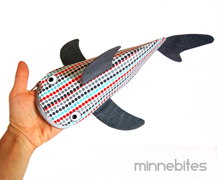 Modern Dots Shark by Minnebites / Pencil Case - Shark Bag - Office Organizer - Handmade Fish Zipper Pouch - Gift for Guys - Personalized Bag