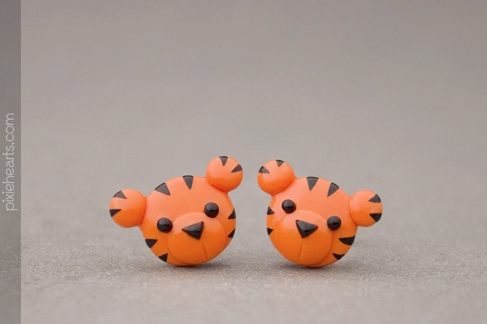 Tiger Earrings Polymer Clay Animal Earrings Cute by PixieHearts