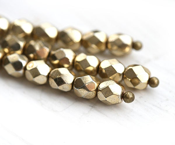 4mm glass beads - Light golden coated - czech fire polished spacers, round - 50Pc - 1073 - MayaHoney