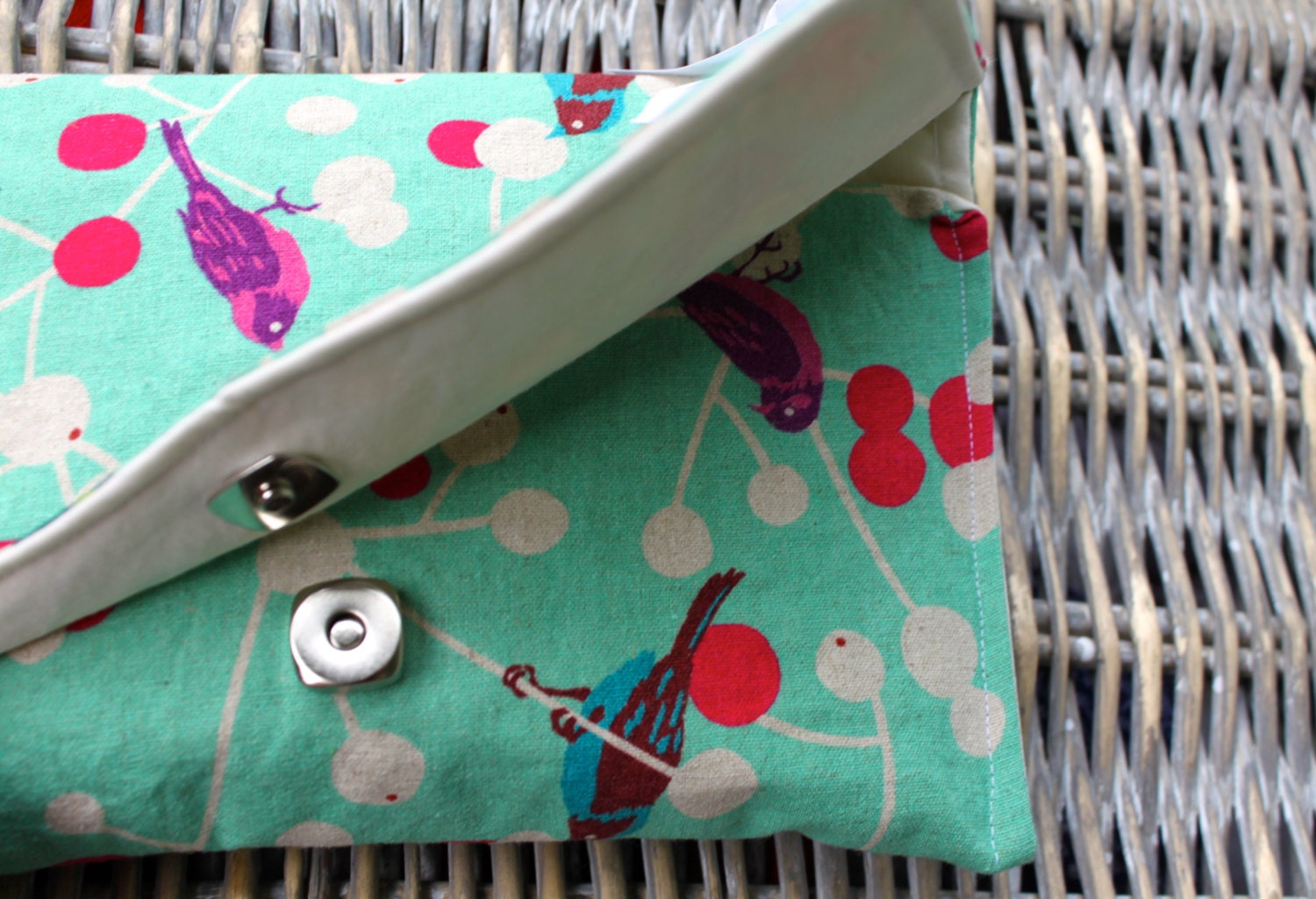 Turquoise Echino Birds and Berries Linen Clutch - funlittlethings