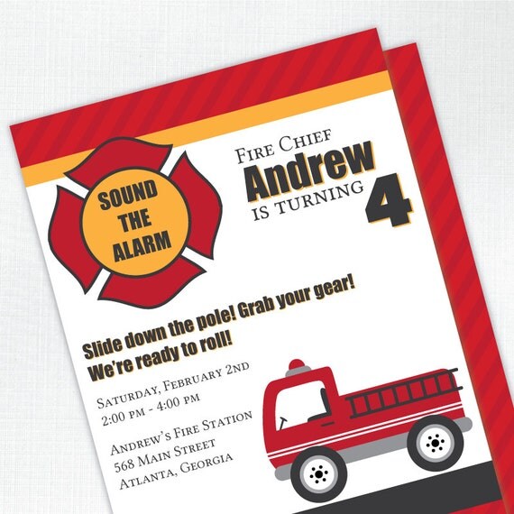 Fire Truck Birthday Party Invitation - PRINTED - Printable file also available Il_570xn