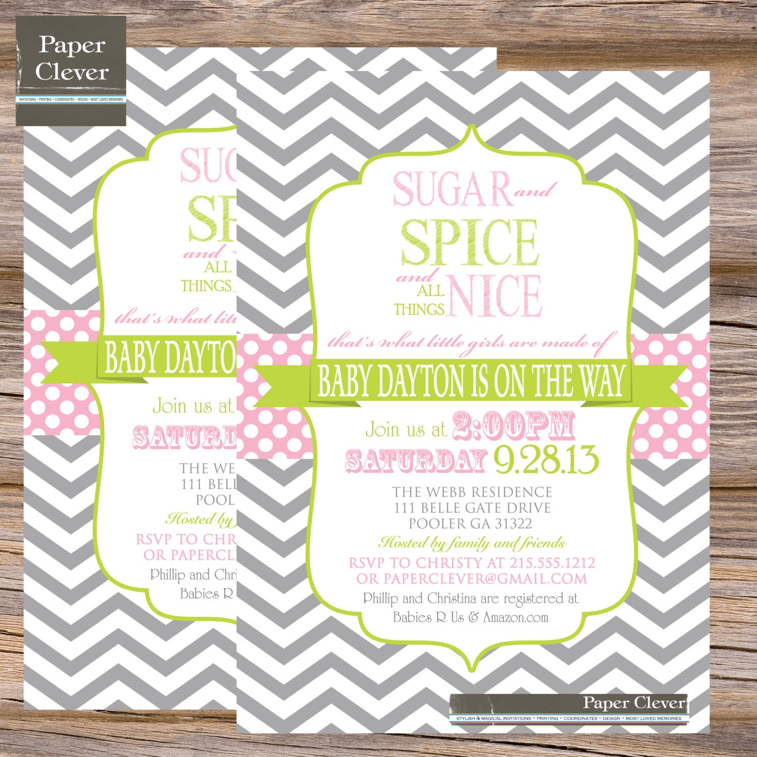 Girls baby shower invitation sugar & spice, pink, green - digital file, printable Il_570xn
