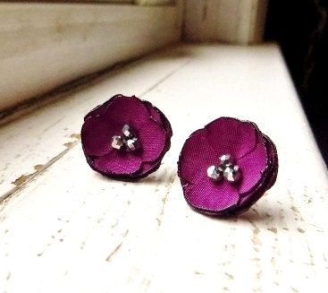 Radiant orchid fabric Flower Stud Earrings, Satin Flower Earring Posts, Purple Fuchsia Earrings, Floral Earring, Pantone Spring Jewelry - InspiredGreetingsAD