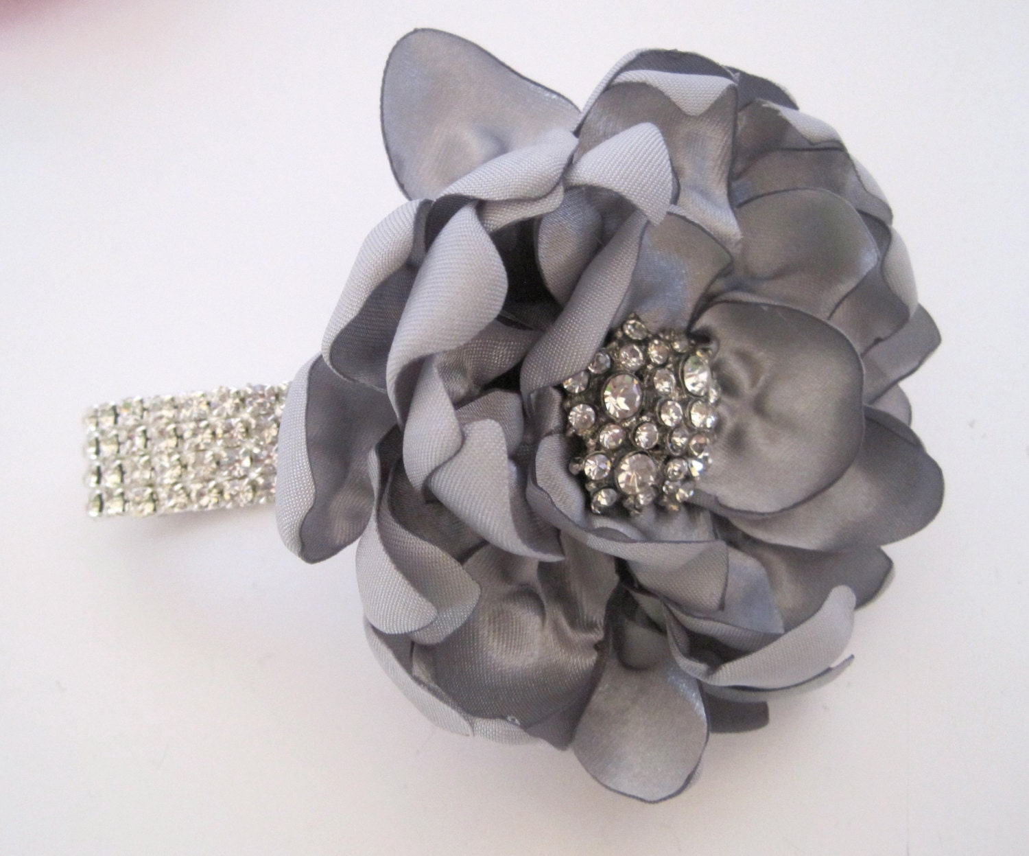 Wrist Corsage Grey Silver Satin Flower by theraggedyrose on Etsy