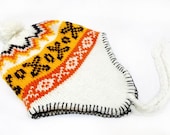 Ear flap hat- Knitting hat- Cream- Orange- Ear flap hat- Hand knit helmet- Pompom hat- with braided ties- Earflap Beret - aynikki