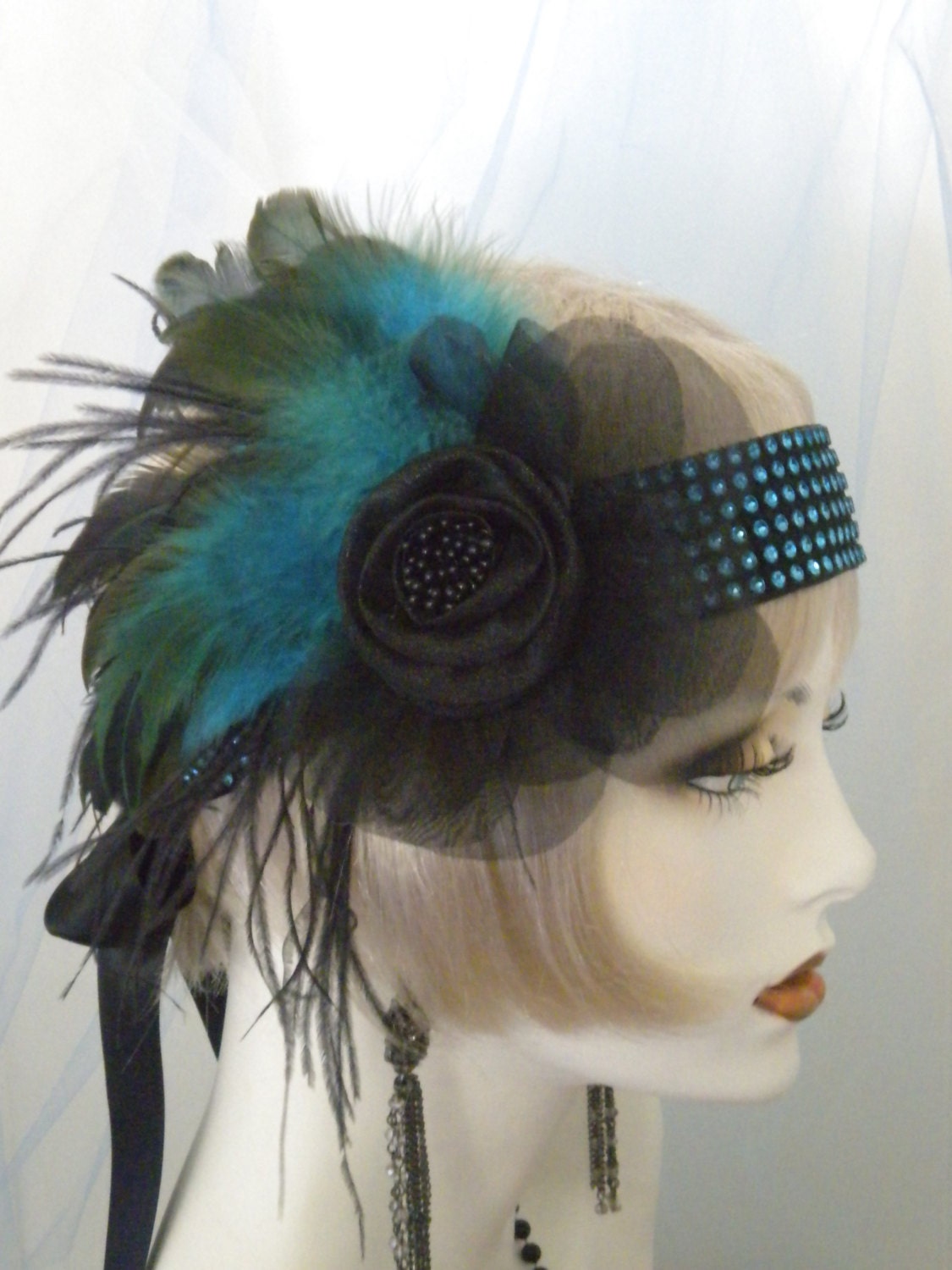 Flapper Headpiece, 1920's Headband, Gatsby, Peacock, Feathers  no. 153