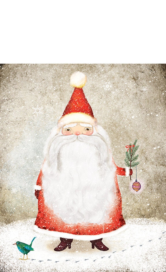 15% OFF Santa Claus Illustration Christmas Print Winter Snow Snowflake Red Beige White Ornament Beard Mustache Birdie - BarbaraSzepesiSzucs