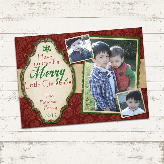 Custom Photo Christmas Card - 5x7 printable download - Merry Christmas, vintage inspired, 3 photo holiday card Il_570xn