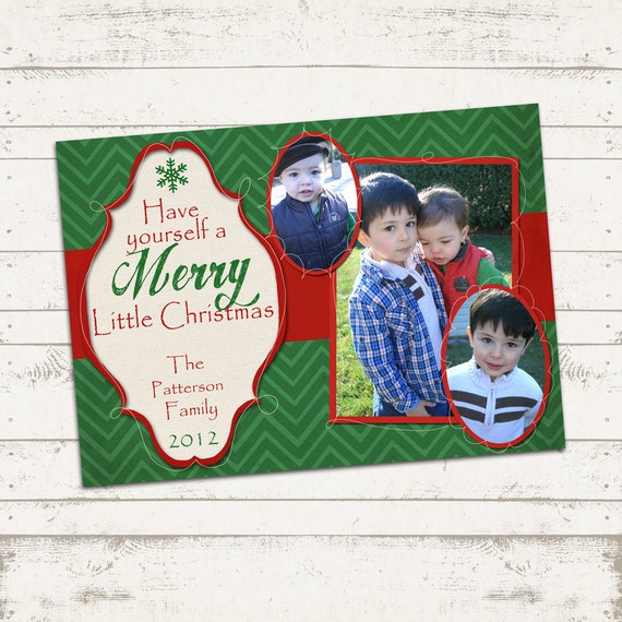 Custom Photo Christmas Card - 5x7 printable download - Merry Christmas, green chevron pattern, photo card, holiday, 3 photo Il_570xn