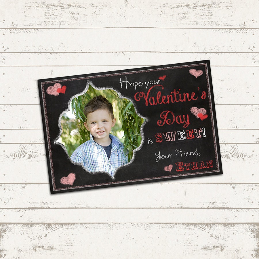 Valentine's Day Photo Card - Customized 4X6 printable download - Happy Valentine's Day, red, pink, blackboard, school cards Il_570xn