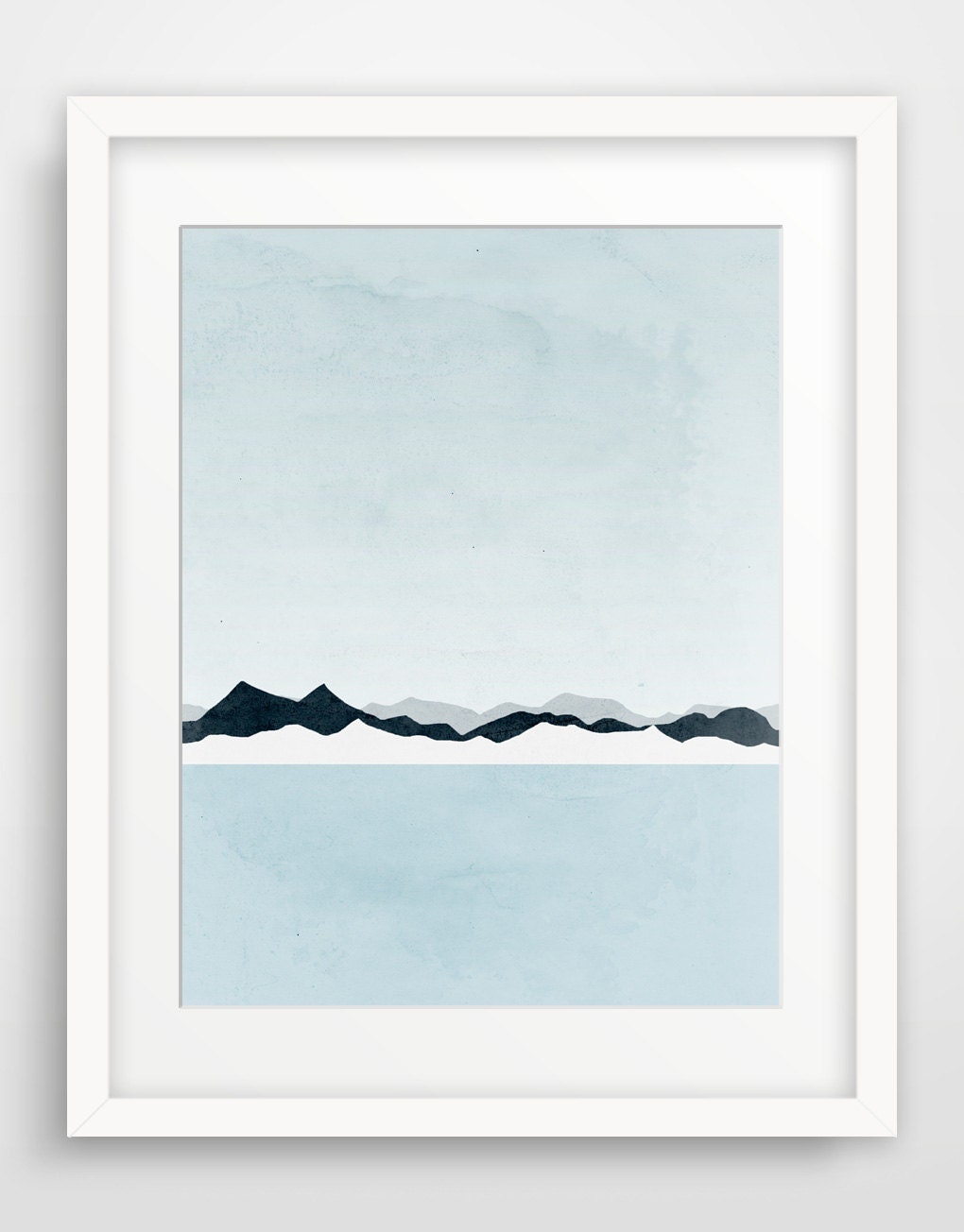 Blue and Grey Minimalist Poster, Large Wall Art, Modern Art, Mountains, Seascape
