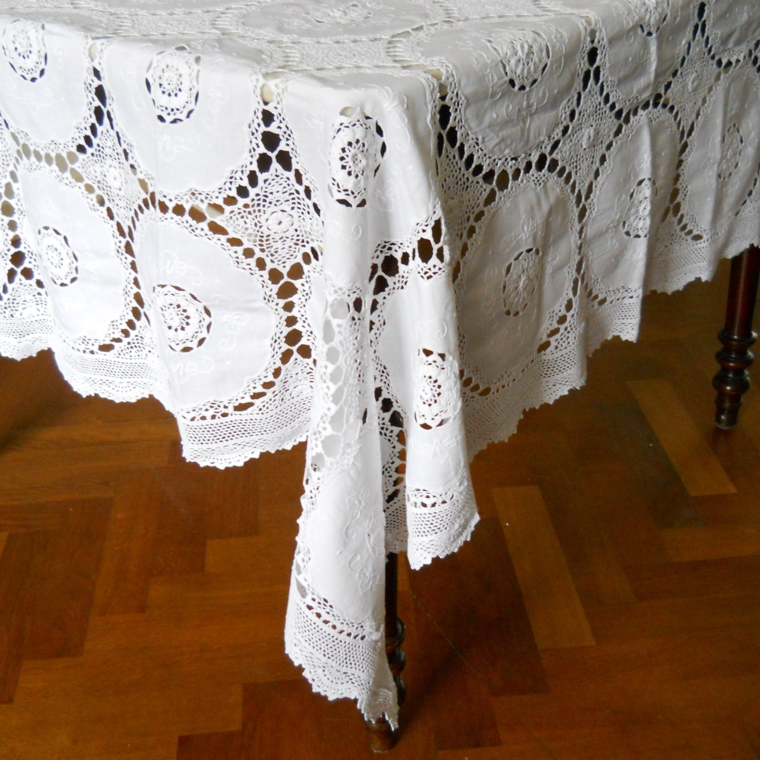 large white embroidered tablecloth vintage white by minoucbrocante