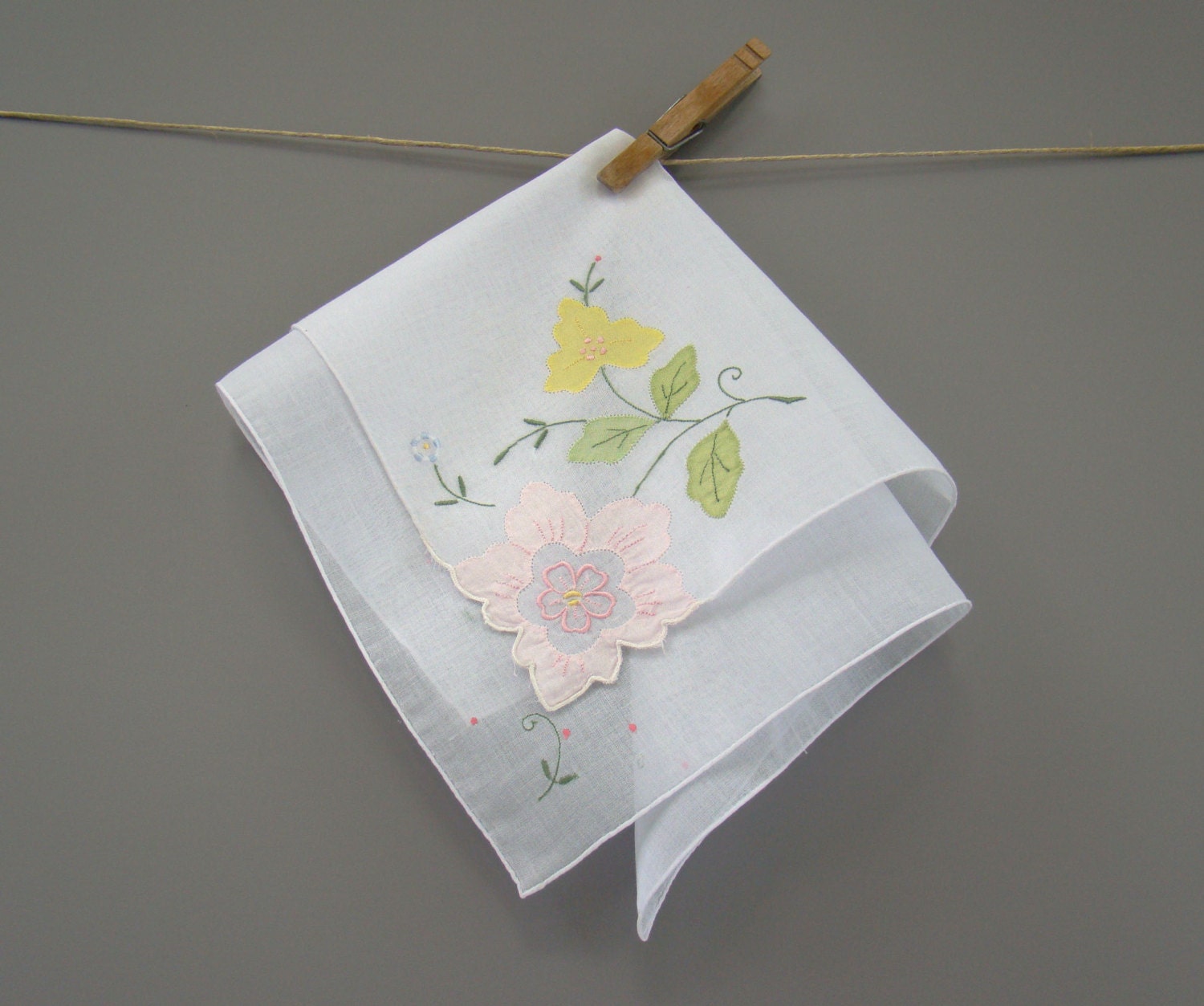 Vintage Handkerchief, Brides Hanky, Wedding Handkerchief, Pastel Applique, Wedding Shower Gift, Garden Wedding, Something Old, Keepsake - TwiningVines