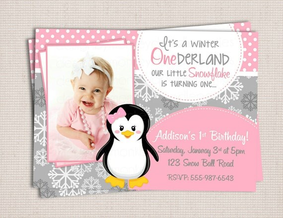 Winter ONEderland Girly Penguin Pink & Grey Birthday Party Printable Invitation Digital File Il_570xn
