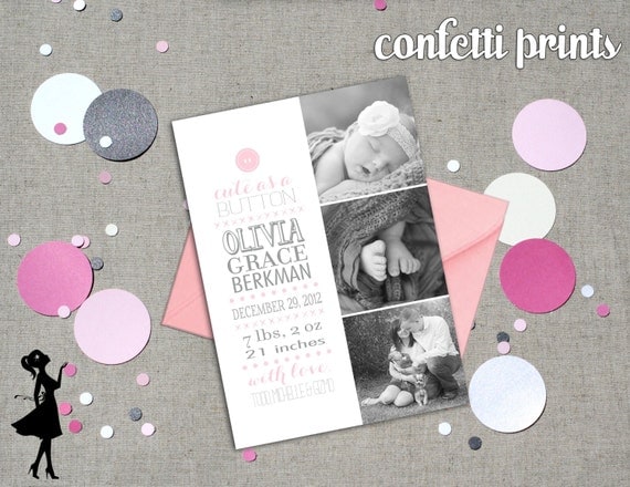 Photo Birth Announcement - CUTE As A BUTTON Printable Il_570xn