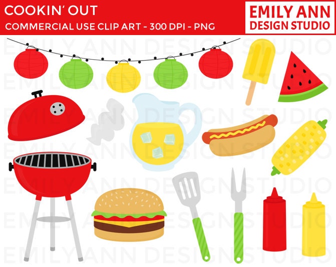 DOLLAR SALE Black Friday Cyber Monday - BBQ Cook Out Summer Grill Hot Dog Hamburger Cute Clip Art - red yellow green picnic - Commercial Use Il_570xn