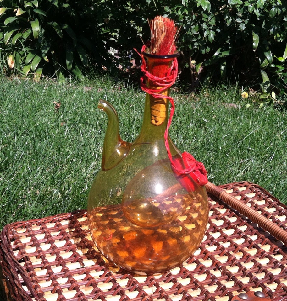 Vintage Italian Chianti Hand Blown Glass Bottle Amber Wine