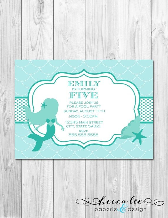 Mermaid Theme Birthday Party Invitation - Blue Green - DIY - Printable Il_570xn