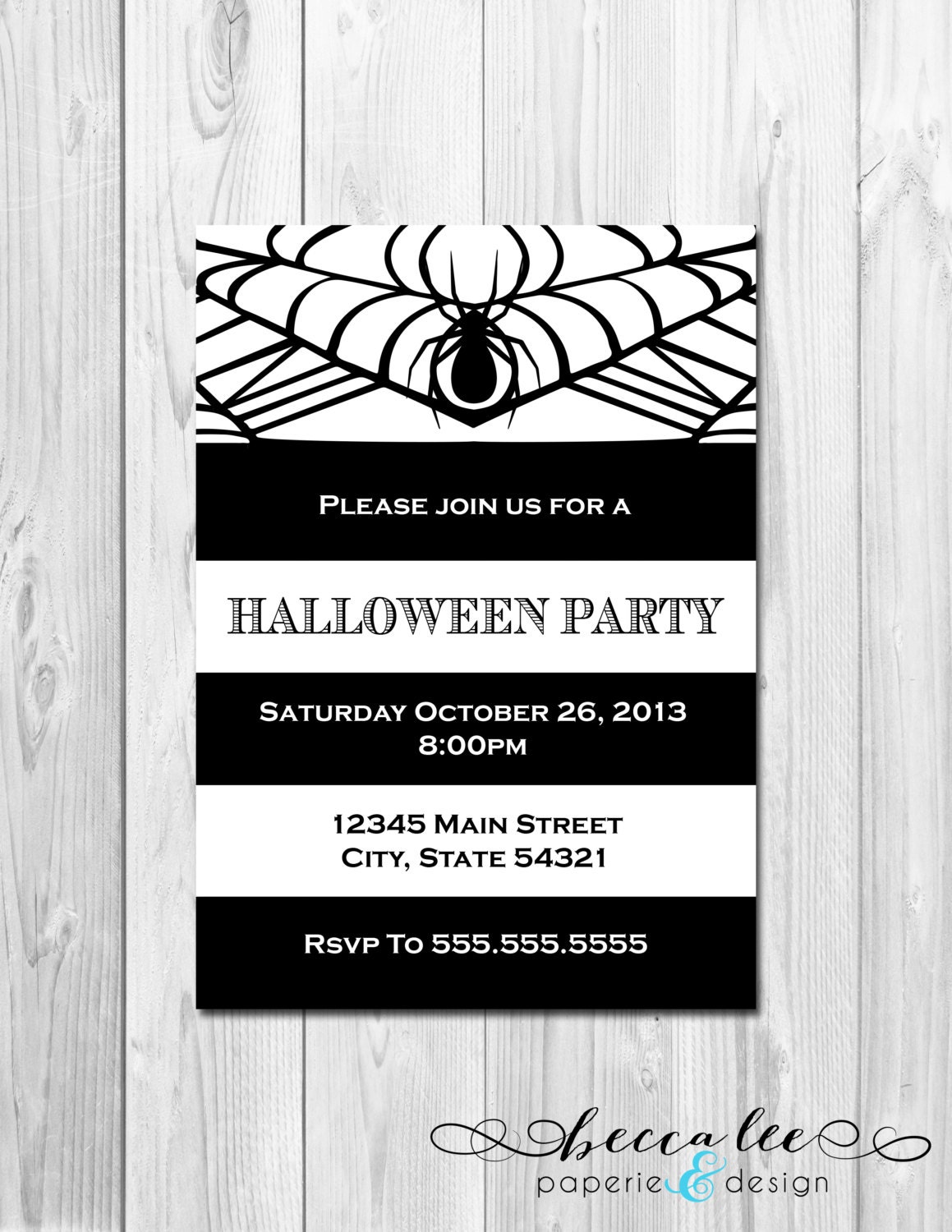 Large Black and White Stripes Halloween Party Invitation - Spider - DIY - Printable Il_570xn