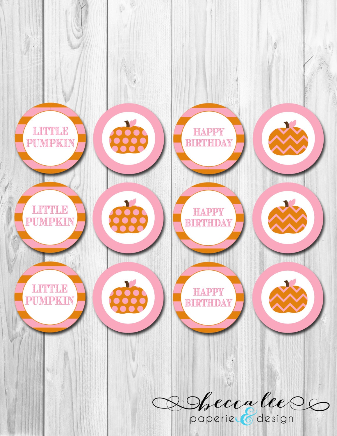 INSTANT DOWNLOAD - Cupcake Toppers - Little Pumpkin Birthday Theme - Pink and Orange - DIY - Printable Il_570xn