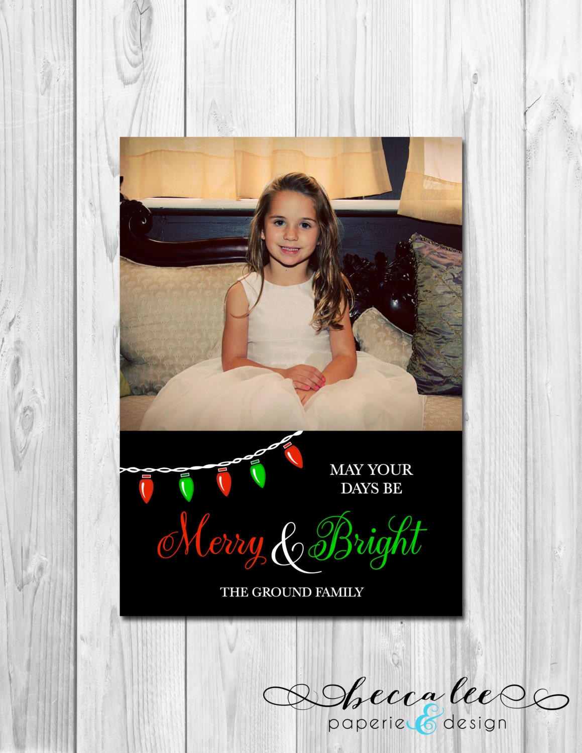 Printable Photo Holiday Card - Merry and Bright Lights - Green and Red - Customizable Il_570xn