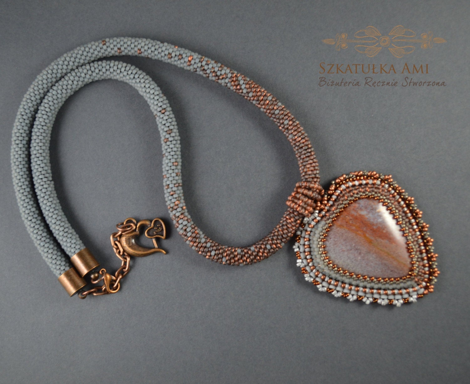 Jewelry, Necklaces, Beadwork, Necklace, bead embroidery Ocean jasper stone - BeadsAmi