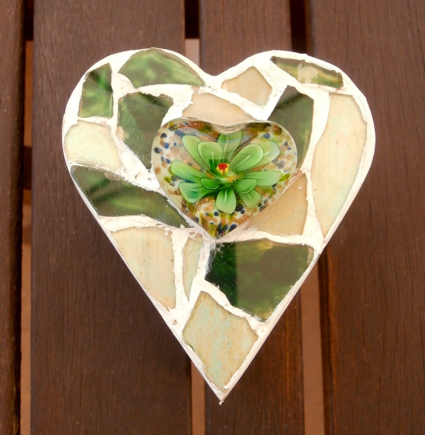 Heart Trinket Box -Glass Mosaic Lid with Decorative Resin Flower - ReTainReMakeReNew