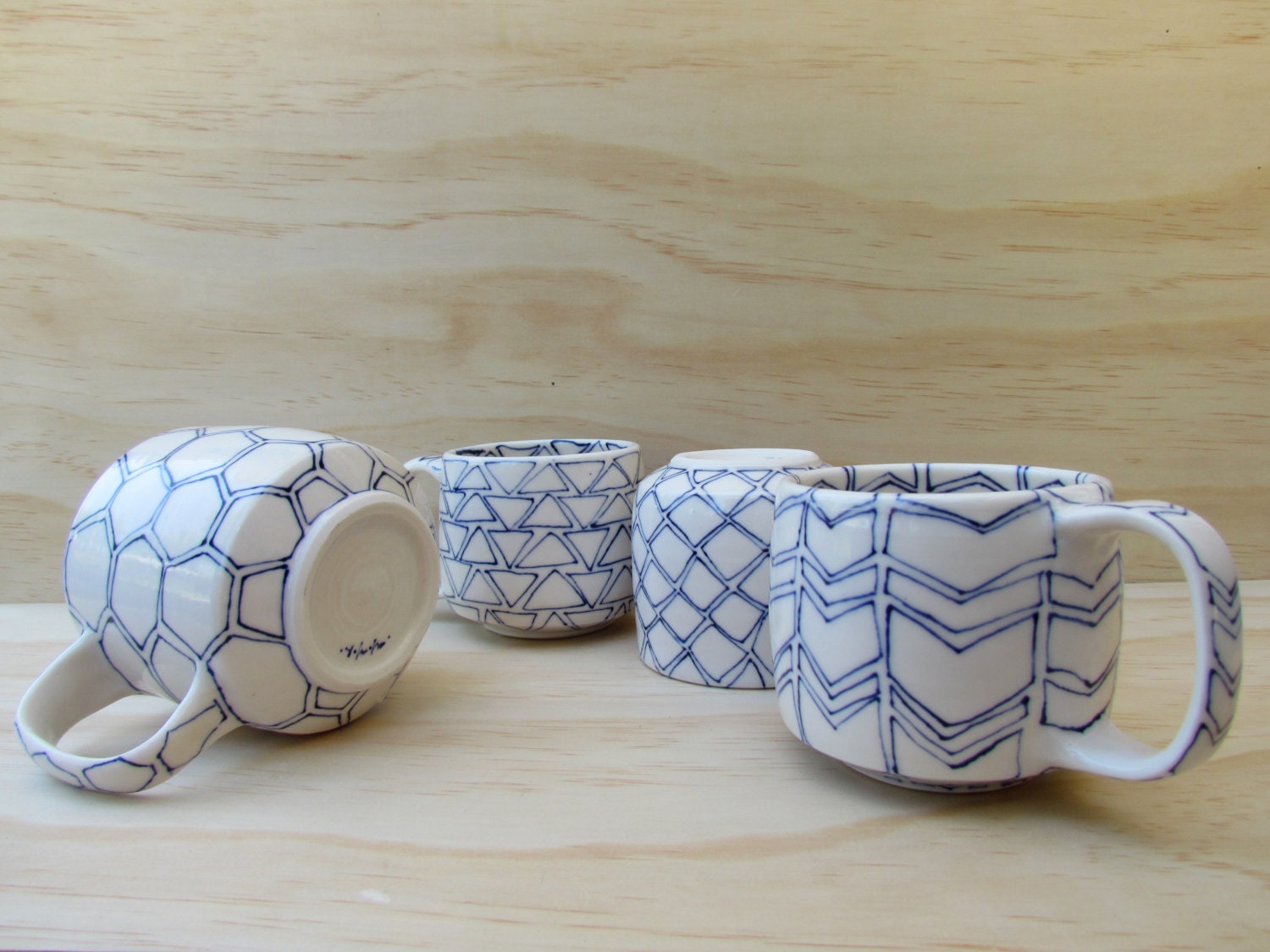 Set of Four Tea or Coffee Mugs. Shapes in blue and white or black and white. Geometric design. Modern porcelain mugs. MADE TO ORDER.