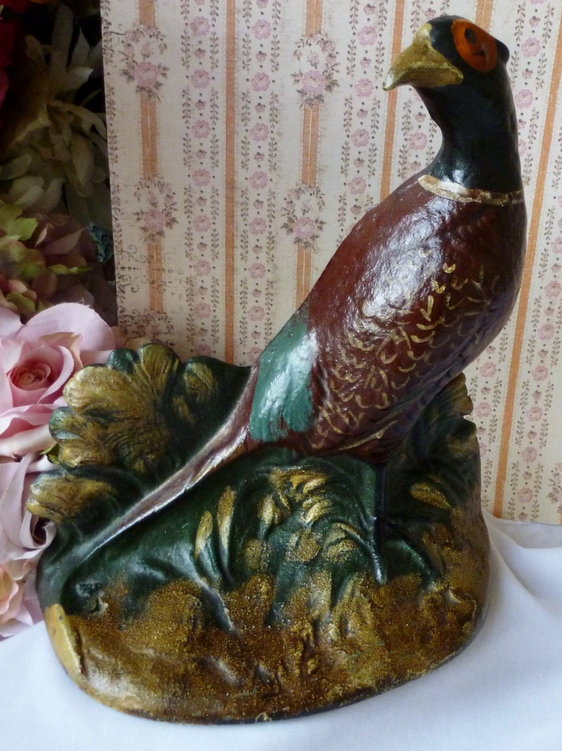 Vintage Cast Iron Pheasant Metal Door Stop by dougstreasures1
