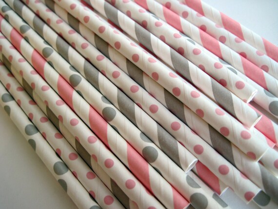 25 Pink and Grey Paper Straw Mix - Stripe and Dot - ships less than 24 hours Il_570xn