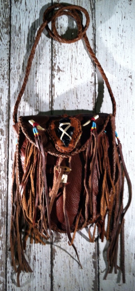 Vintage 70s Western Native American Leather Handbag w/ Beading