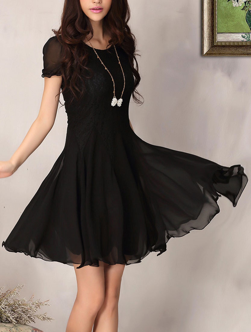 Black Lace Chiffon Dress / Little Black Dress / Black Fit and Flare Dress - DressStory