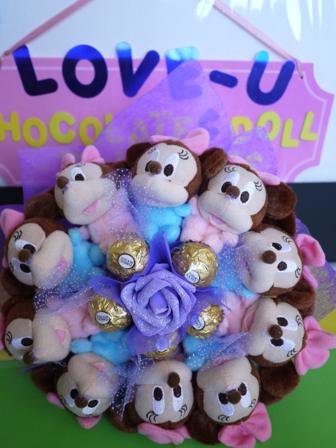 Blue & Pink Mickey Plush Dolls with Ferrero Rocher Chocolates. *** Perfect baby shower / wedding gift!