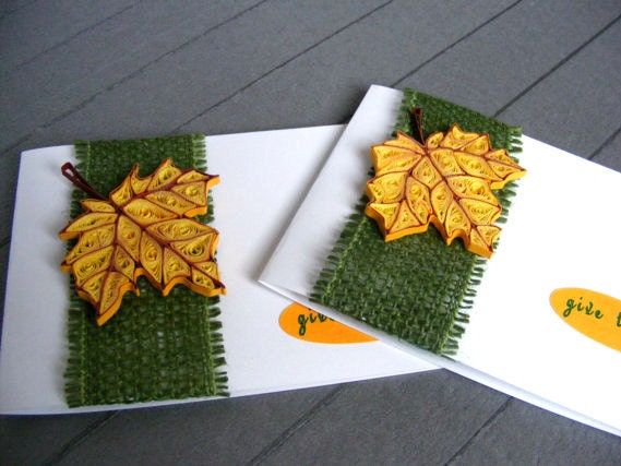 Thanksgiving / Autumn set of 2 Quilling Cards - quilling fall leaf, green burlap - RollingIdeas