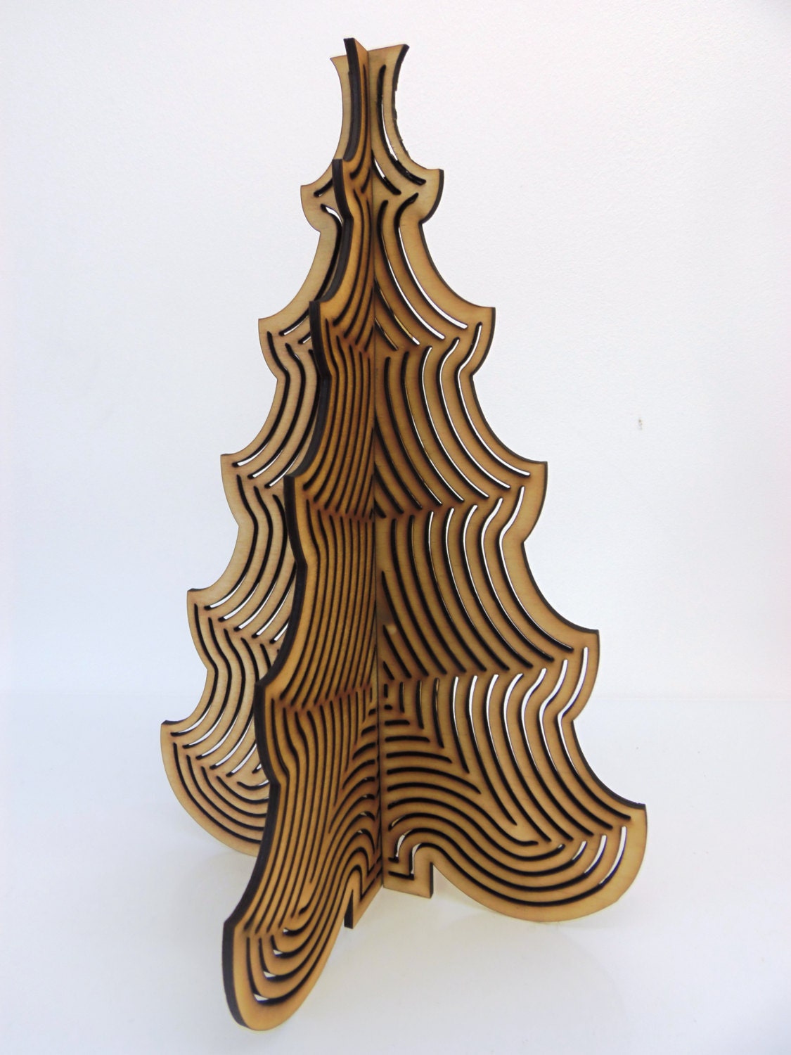 Three dimensional laser cut plywood Christmas tree