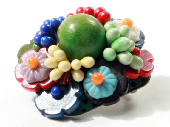 Antique-Vintage Bohemian Bouquet salad Flower glass beads and wood Brooch Pin beadwork 3 E113-142