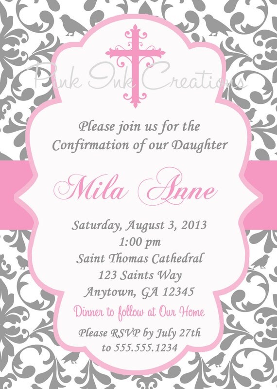 GIRLS Baptism Invitation - Damask, Baby Dedication, First Communion, Confirmation, Christening - Any Color - PRINTABLE - YOU Print Il_570xn