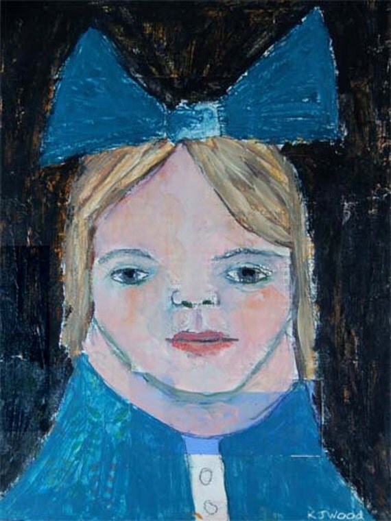 Acrylic Portrait Painting, Little Girl, Lauren, Big Blue Bow, Blonde, 9x12 Canvas Panel, Original, Mixed Media