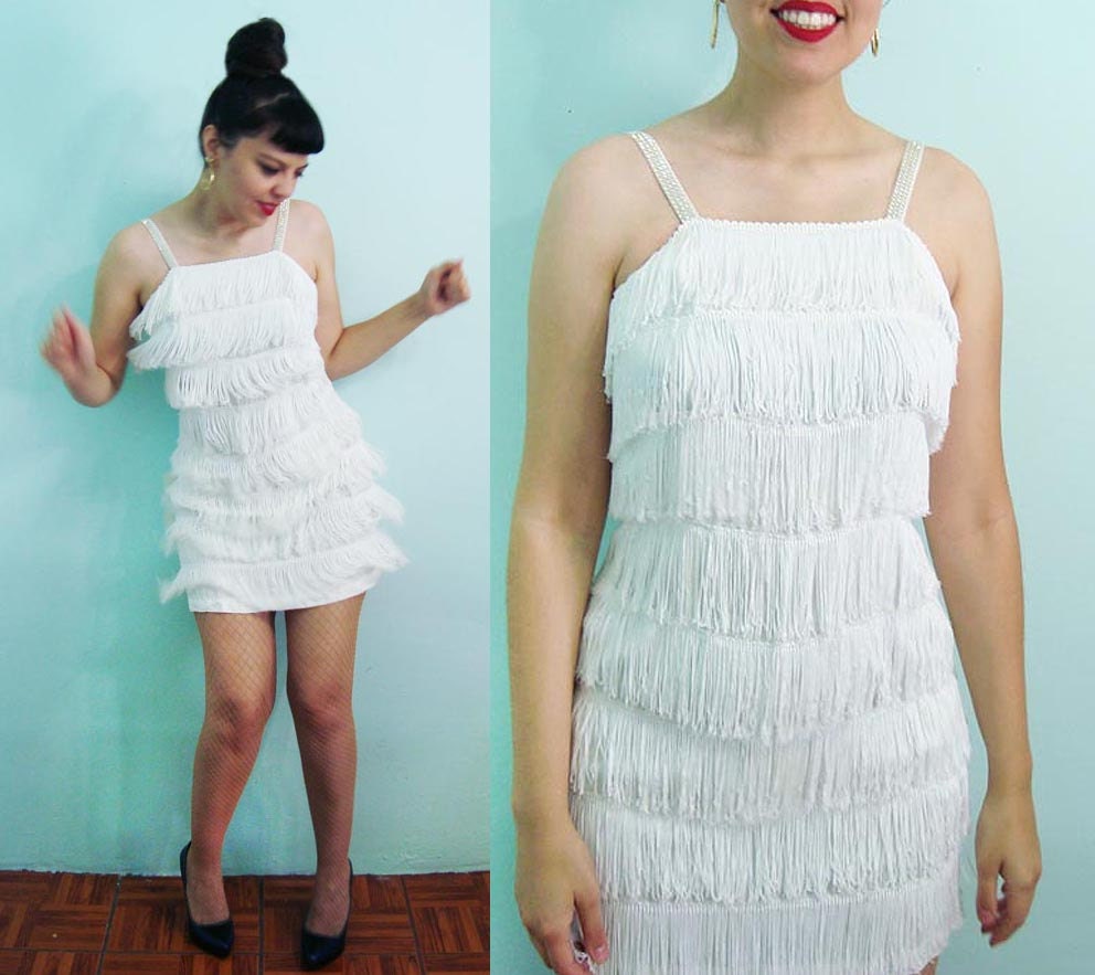 60s GOGO Tassel Rhinestone Shimmy Dress Fringe white by