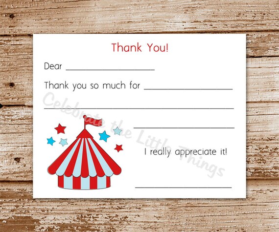 Printable / Carnival, CIRCUS Fill-In Thank You Cards for Kids / Circus Tent (Instant Download) Il_570xn