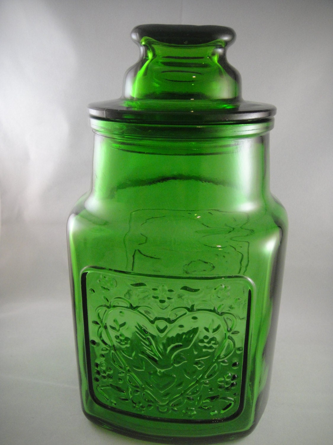 Wheaton Green Glass Jar Canister Bird With by WishingWellsGlass