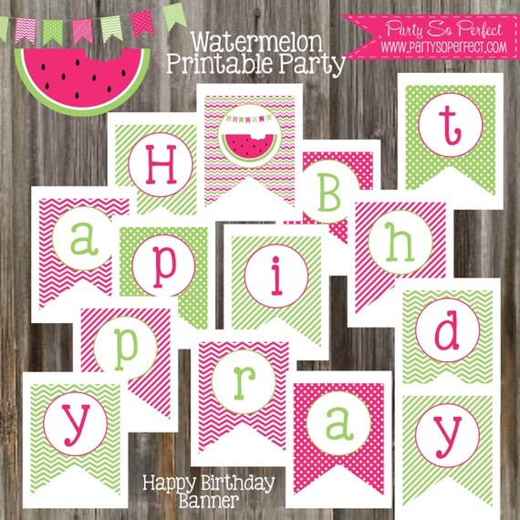 INSTANT DOWNLOAD - Watermelon Chevron & Polka Dot Banner - Girl Birthday Il_570xn